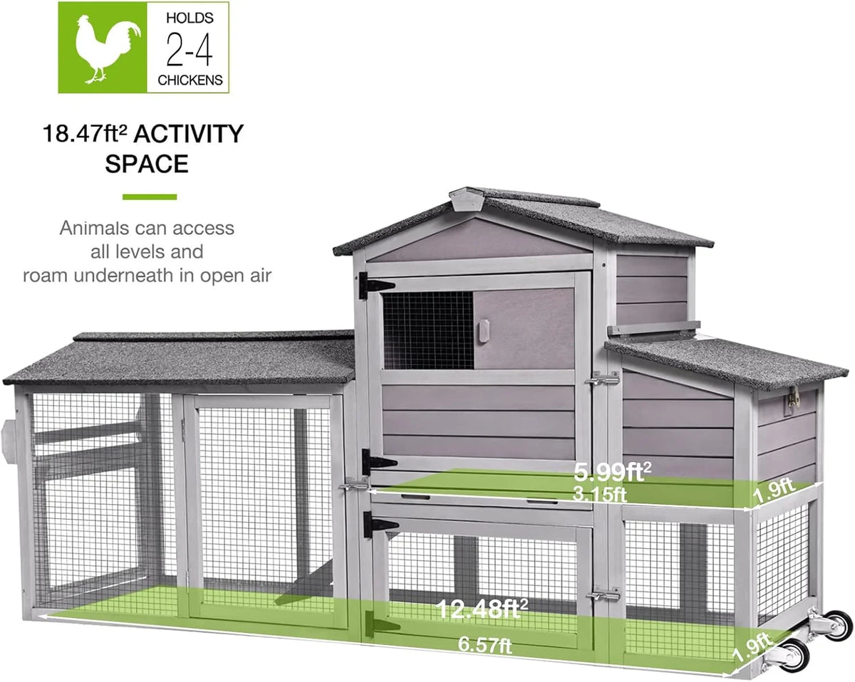 MEDEHOO 80" Mobile Chicken Coop with Wheels - Weatherproof Wooden Hen House, Outdoor Poultry Cage & Nesting Box Run, Expandable Design