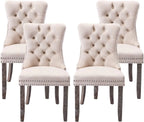 Tzicr Dining Chairs Set of 4, Velvet Upholstered Dining Chairs with Nailhead Back and Ring Pull Trim,Solid Wood Dining Chairs for Kitchen/Bedroom/Dining Room,Modern Fabric Dining Set,Beige