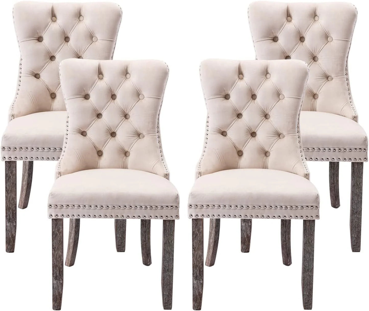 Tzicr Dining Chairs Set of 4, Velvet Upholstered Dining Chairs with Nailhead Back and Ring Pull Trim,Solid Wood Dining Chairs for Kitchen/Bedroom/Dining Room,Modern Fabric Dining Set,Beige