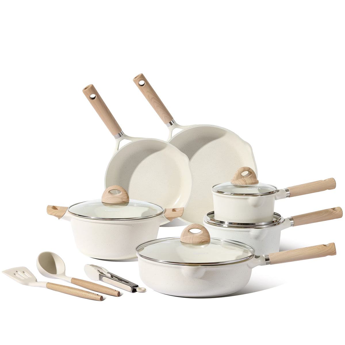 Carote Nonstick Pots and Pans Set, 13 Pieces Kitchen Cookware Sets Compatible for All Stoves, White Granite