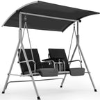 HOMREST Patio Swing with Adjustable Canopy��Heavy Duty 650 LBS Outdoor Swing with Pivot Storage Table & 4 Cup Holders & Cushions for Yard, Lawn, Backyard, Navy Blue
