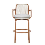 Lyric Modern 29" Outdoor Patio Bar Stools, Bar Chairs with Wood Grain Finish Frame with Hand-Woven PE Rattan Rope, Removable Cushions, Teak+Beige, Set of 2