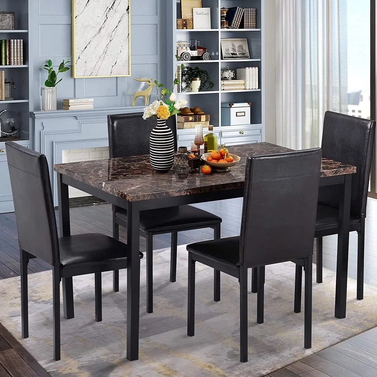 5 Piece Dining Room Table Set, Modern Dining Table Sets with Gray Velvet Upholstered Chairs for 4, Faux Marble Pattern Rectangle Kitchen Table Set for Bar Living Room Breakfast Nook Small Space