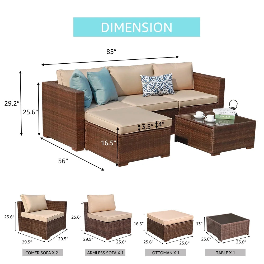 Patiorama 5-Piece Patio Furniture Set, Outdoor Sectional Conversation Set, All-Weather Grey PE Wicker with Light Grey Cushions, Backyard Porch Garden