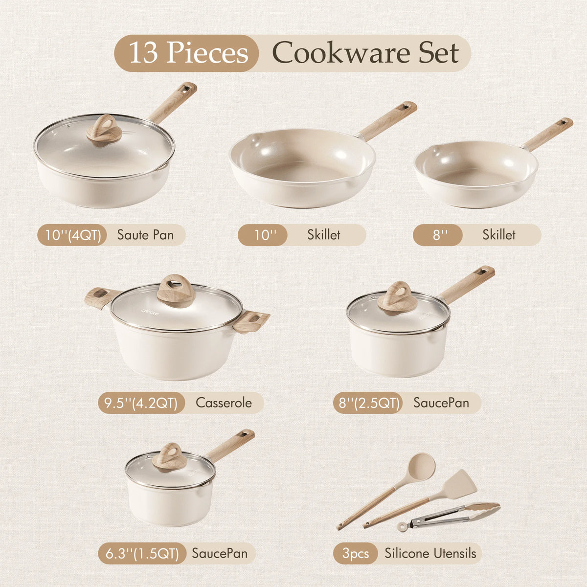 Carote Nonstick Pots and Pans Set, 13 Pieces Kitchen Cookware Sets Compatible for All Stoves, White Granite