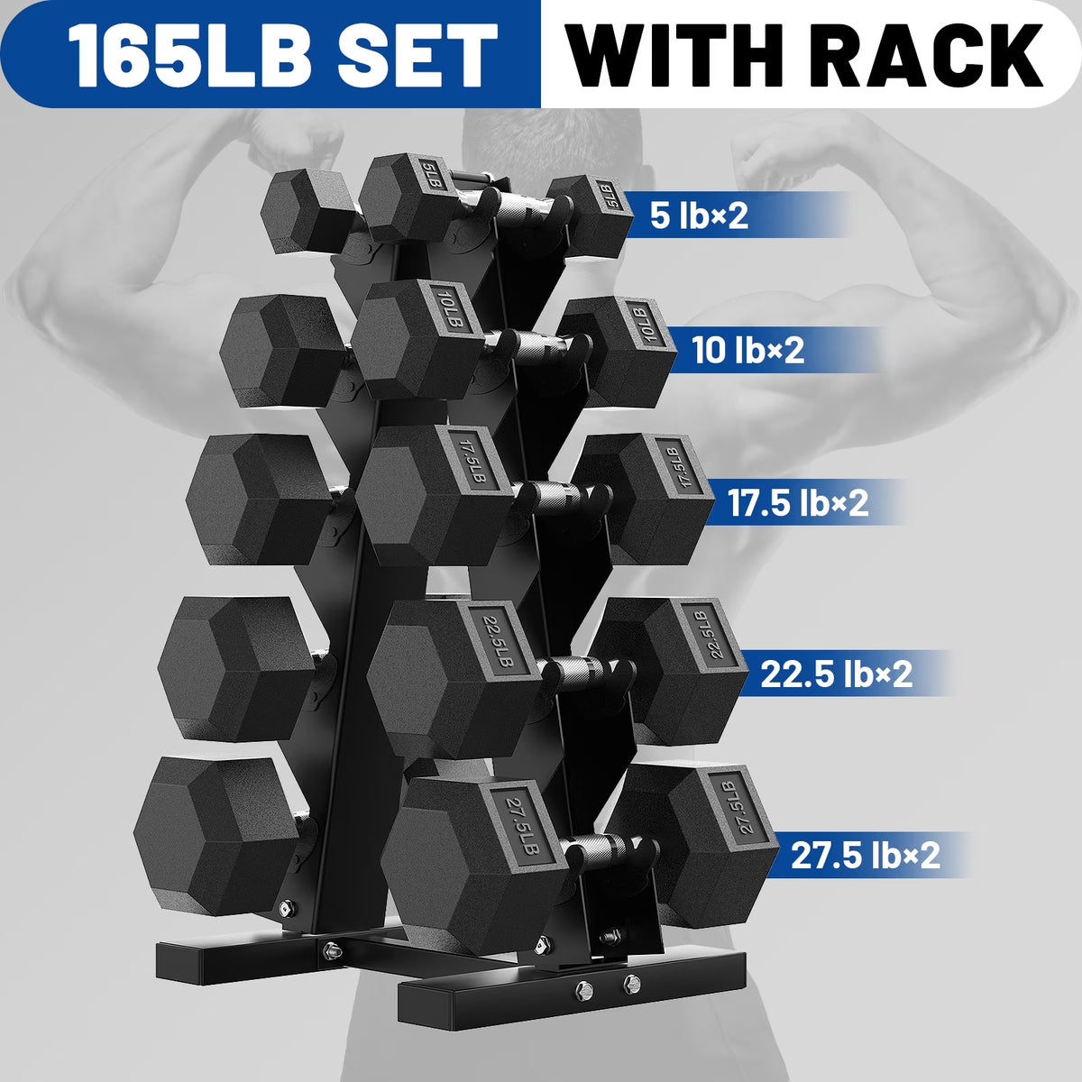 150 lb Dumbbell Set with Rack, Rubber Encased Hex Free Weights for Home Gym Strength Training
