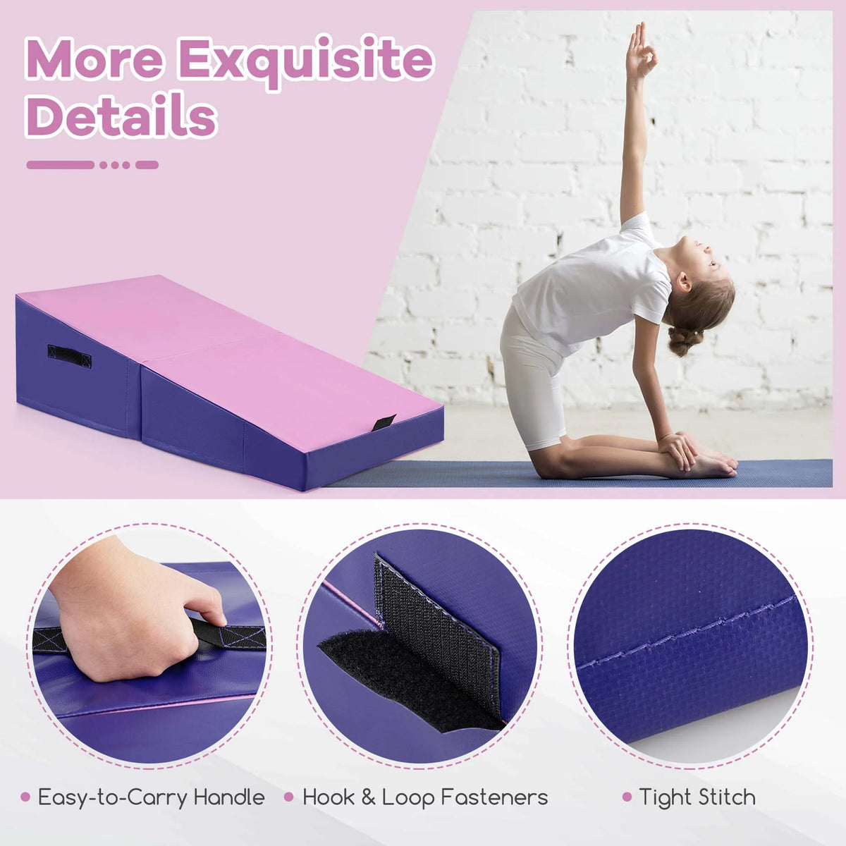 Costway Gymnastics Tumbling Mat Folding Incline Yoga Mat with Non-slip PVC Leather Pink