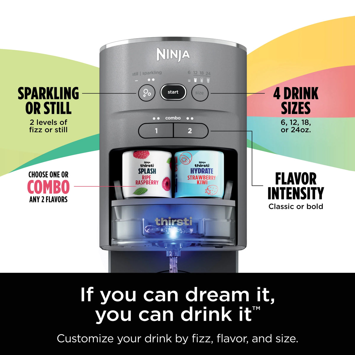 Ninja Thirsti Drink System Complete Still and Sparkling Customization Drink Kit with CO2 Canister, Flavors, and 48oz Reservoir
