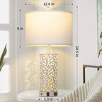 Cinkeda Table Lamp Set of 2 for Living Room Bedroom with USB Ports AC Outlet 3 Way Dimmable Touch Nightlight Farmhouse White Floral Nightstand Bedside Lamps