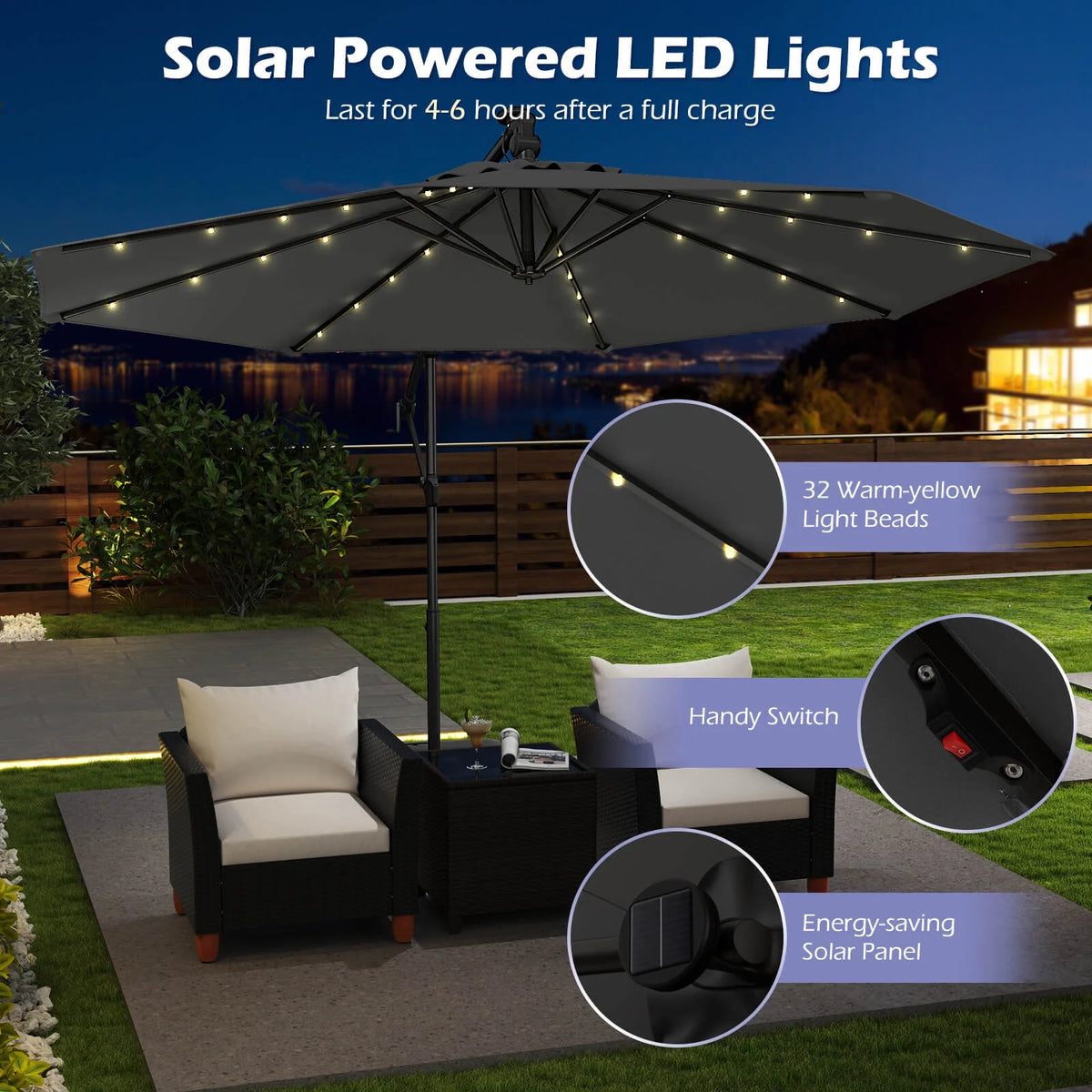 Costway 10 FT Solar Offset Hanging Umbrella Patio Cantilever Umbrella with 32 LED Lights Brown