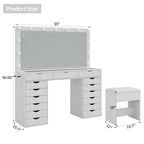 Yanosaku 15 Drawers Vanity Desk with Power Outlet, Makeup Table with Mirror and 13 LED Lights, 3 Color Lighting Modes, Brightness Adjustable, Glass Top Dressing Table, Vanity Set for Bedroom