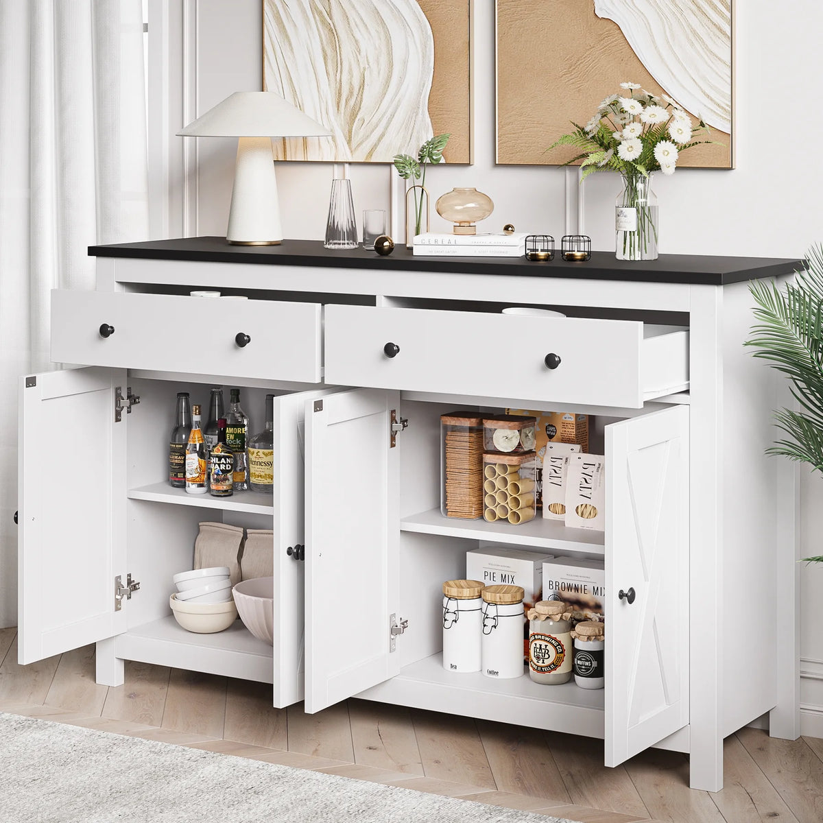 Homfa 55.1'' W Farmhouse Storage Cabinet, 4-Doors 2-Drawers Wood Sideboard with Adjustable Shelves for Kitchen Dining Room, White