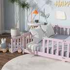 Bellemave Full Size Floor Bed with Door and Fence Floor Bed with Bed Slats Sturdy Wood Floor Bed Montessori Bed Frame (Full, Pink)