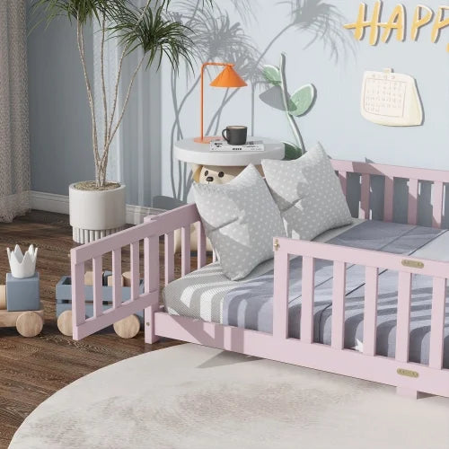 Bellemave Full Size Floor Bed with Door and Fence Floor Bed with Bed Slats Sturdy Wood Floor Bed Montessori Bed Frame (Full, Pink)