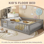Bellemave Full Size Floor Bed with Door and Fence Floor Bed with Bed Slats Sturdy Wood Floor Bed Montessori Bed Frame (Full, Pink)