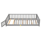 UHOMEPRO Twin Size Floor Bed with Door and Fence, Montessori Floor Bed with Slats and Safety Guardrails, Solid Wood Twin Bed Frame for Bedroom, White