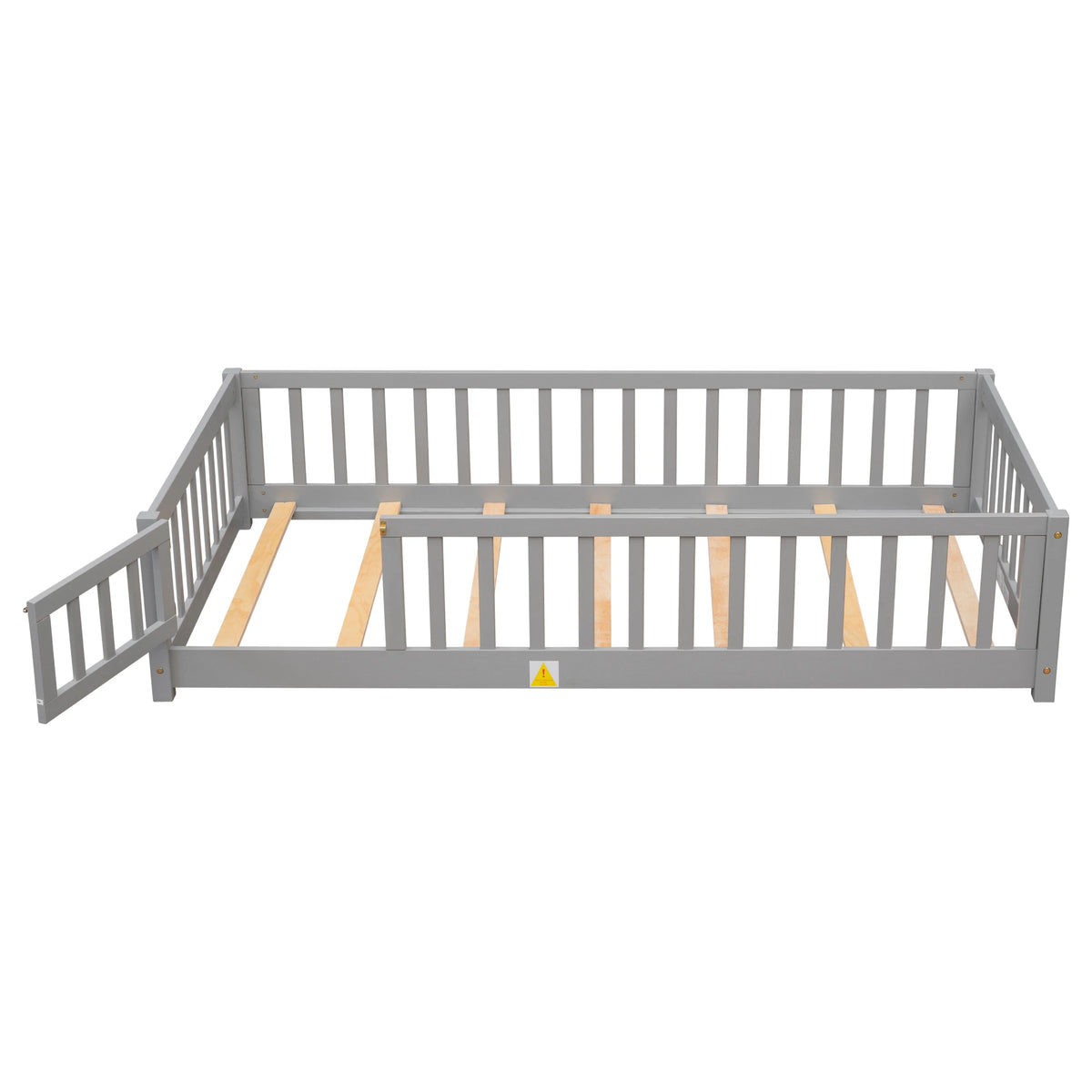 UHOMEPRO Twin Size Floor Bed with Door and Fence, Montessori Floor Bed with Slats and Safety Guardrails, Solid Wood Twin Bed Frame for Bedroom, White