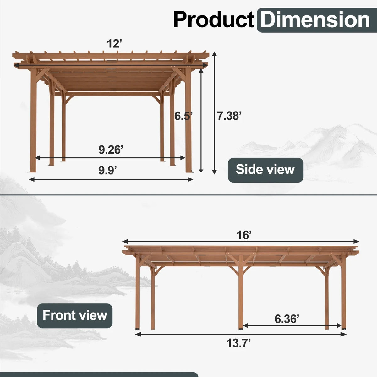 12 x 10 FT Outdoor Pergola, Wooden Pergola Gazebo with Climbing Plant Support and Waterproof, for Patio Porch Garden Backyard, Brown
