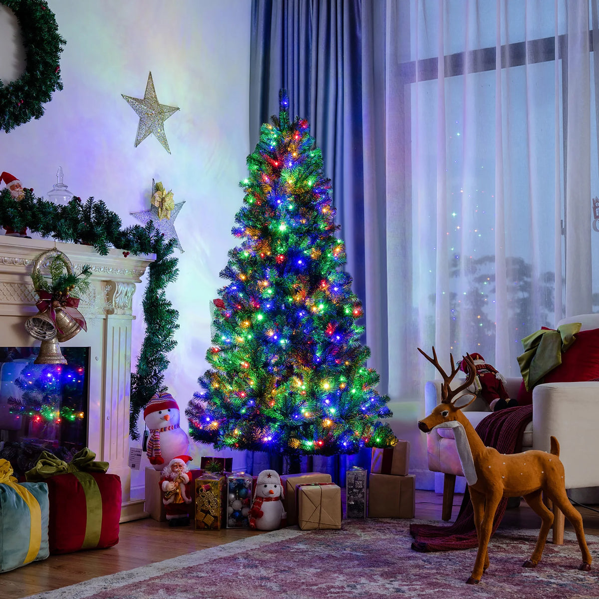 Costway 7ft Pre-lit Hinged Christmas Tree w/ Remote Control & 9 Lighting Modes
