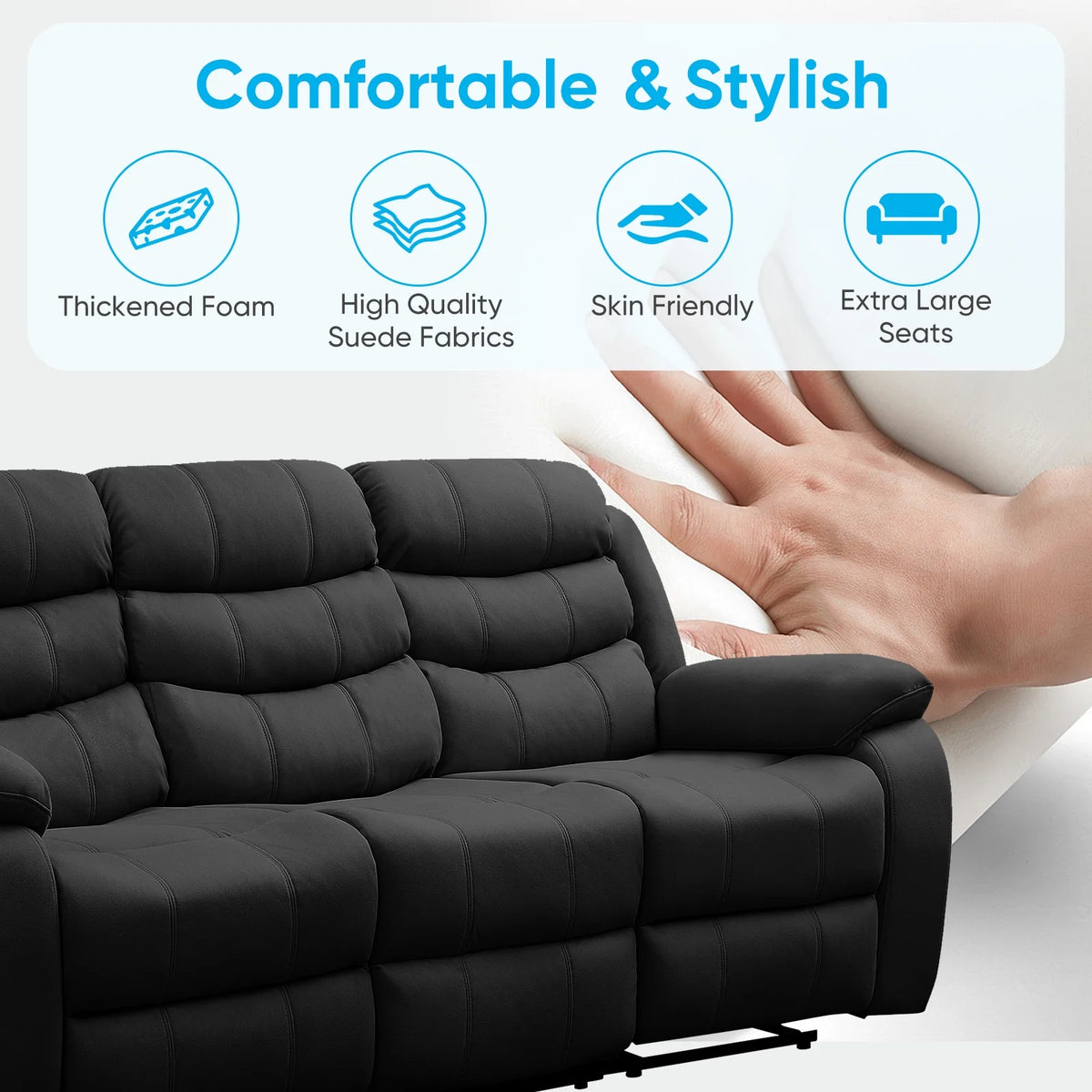 MUZZ Modern Reclining Sofa ,3-Seater Recliner Sofa with Cup Holders, Flip-Up Storage, Reversible Backrest and Footrest, Gray