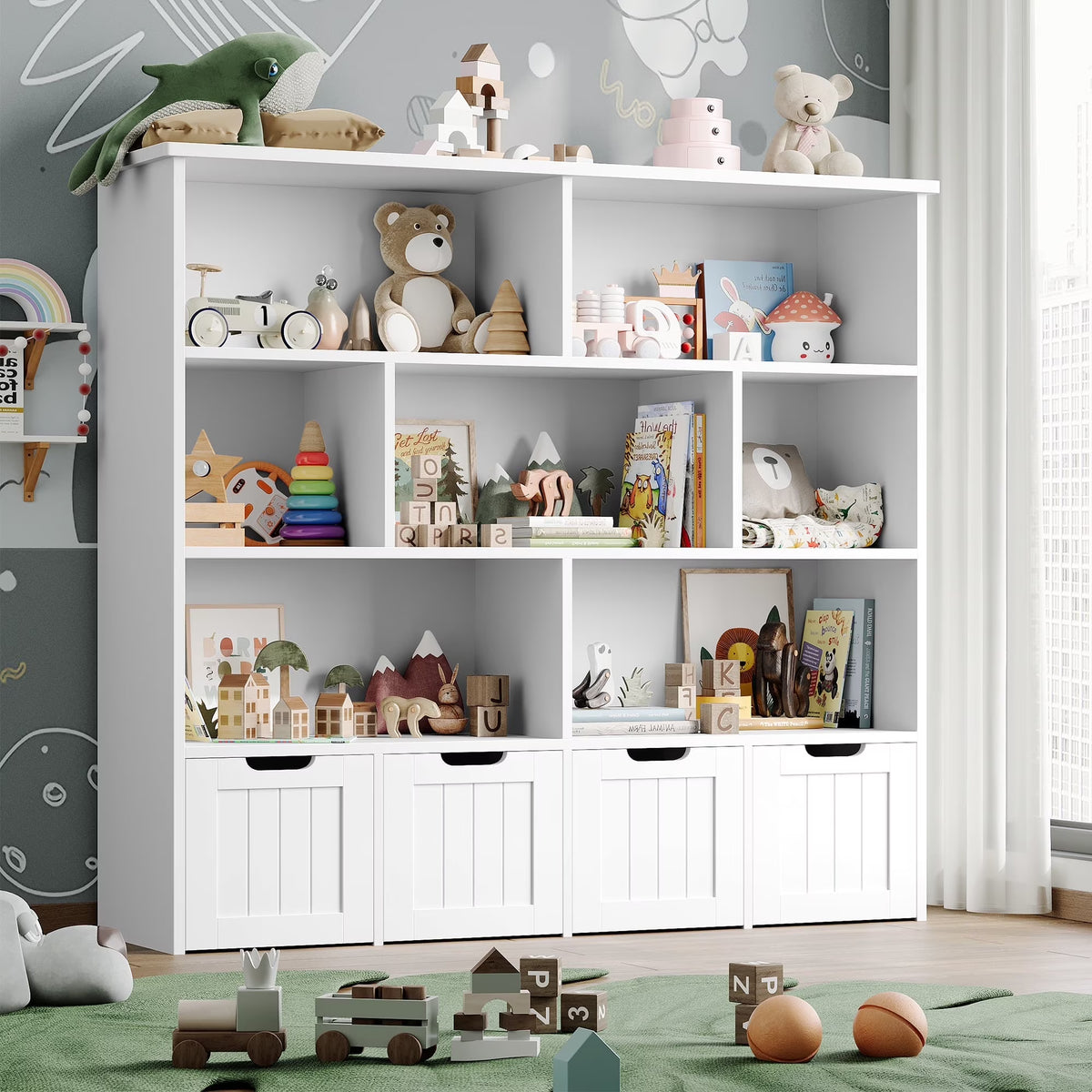 Homfa 7 Cube Toy Storage Organizer, Kids Geometric Bookcase and Bookshelf with 4 Drawers, White