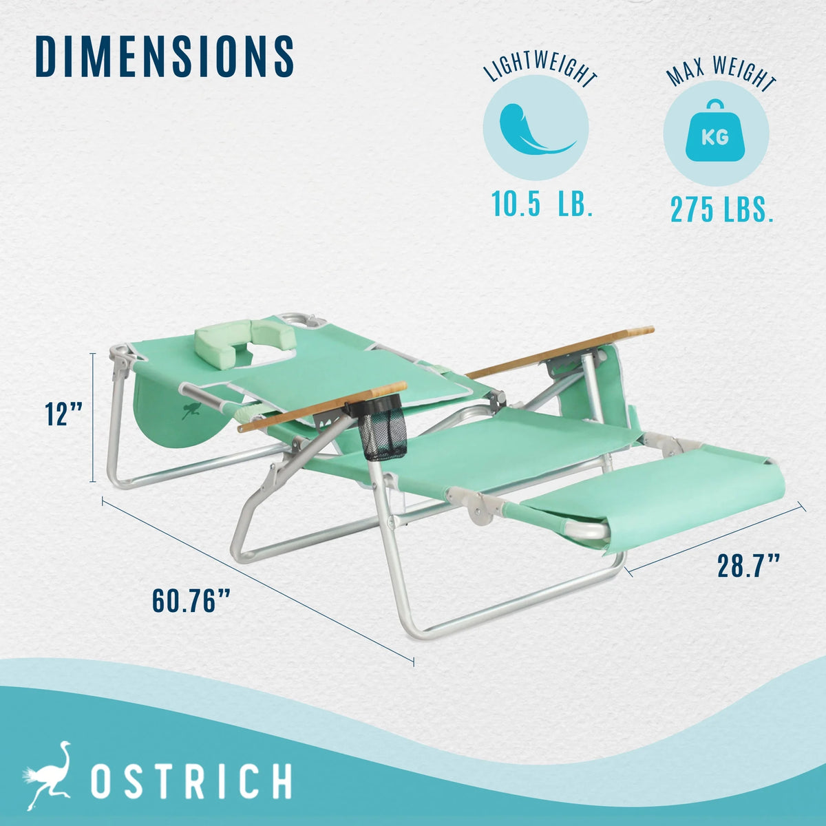 Ostrich Deluxe 3N1 Lightweight Outdoor Beach Lounge Chair w/Footrest, Pink