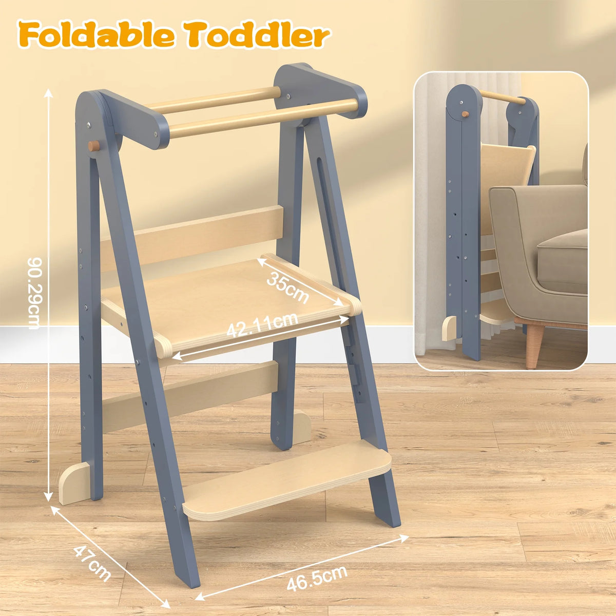 JOZ Kitchen Toddlers Step Stool, Montessori Kids Learning Stool, Foldable Toddler Tower for Counter, Standing Helper for Children, 3 Adjustable Heights, Wooden, White