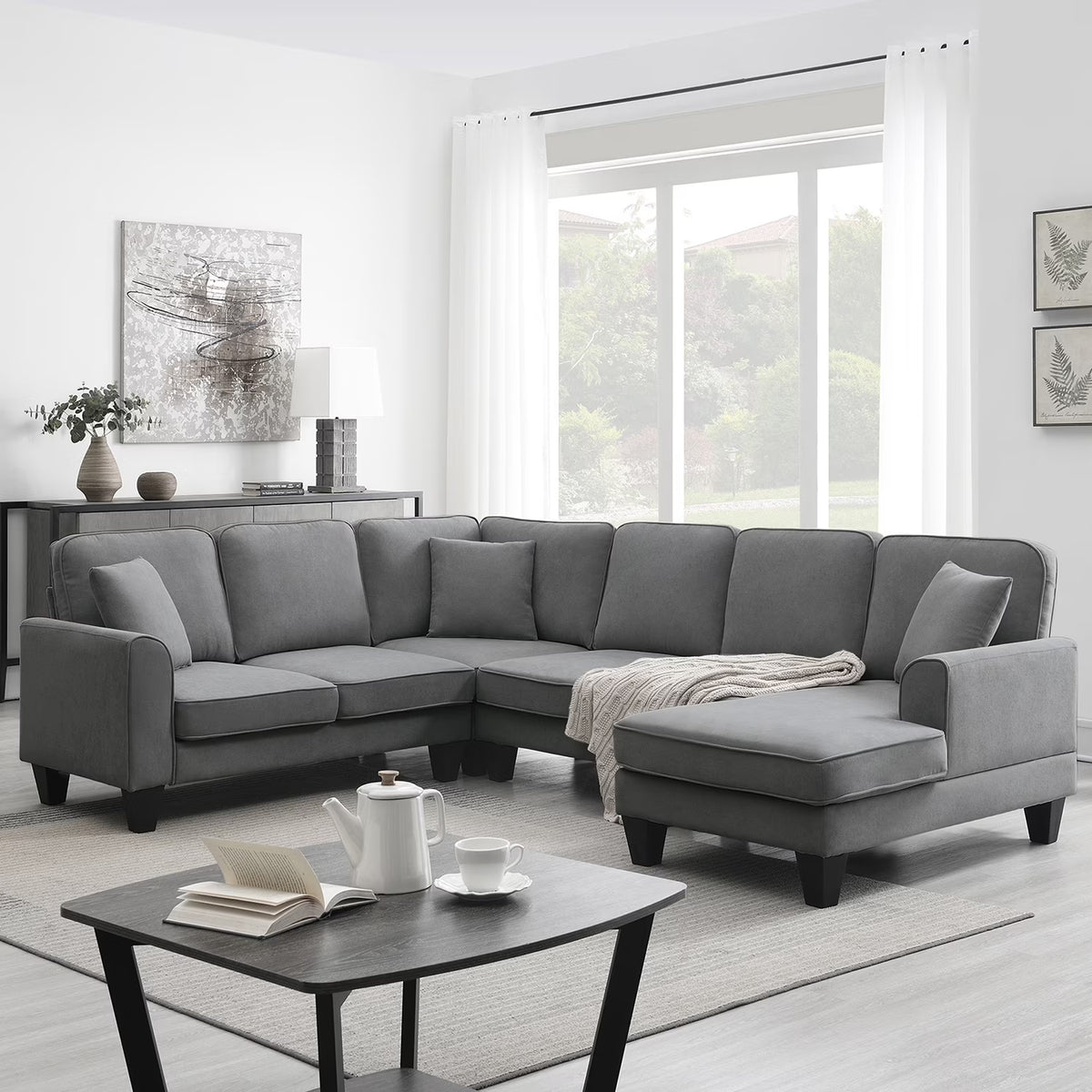 Harper & Bright Designs Modular Sectional Sofa with Ottoman Couch L Shape Corner Sofa Sets 7 Seats Fabric Couch for Living Room, Black, 112 * 87 inch