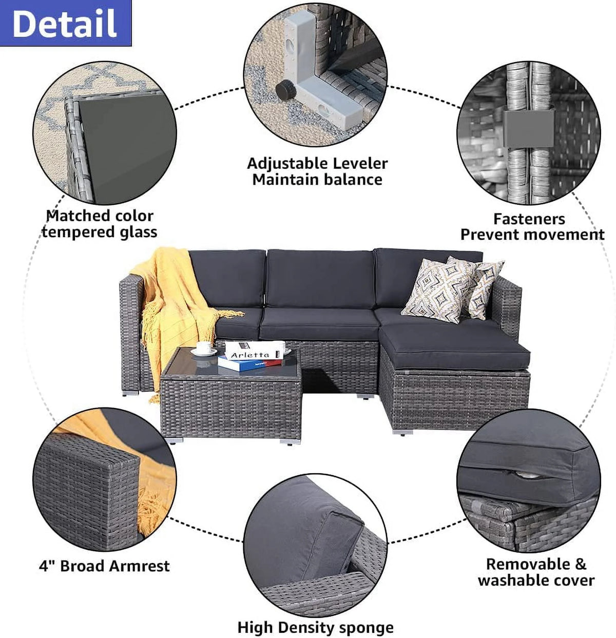Patiorama 5-Piece Patio Furniture Set, Outdoor Sectional Conversation Set, All-Weather Grey PE Wicker with Light Grey Cushions, Backyard Porch Garden