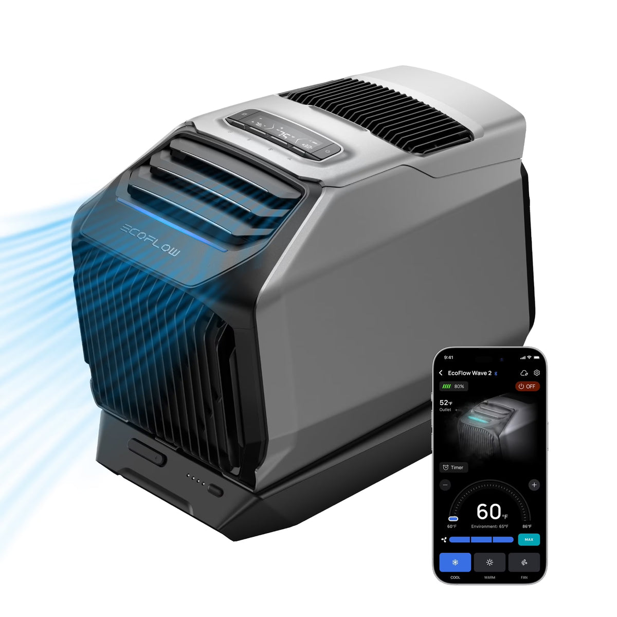 EF EcoFlow WAVE 3 Portable Air Conditioner with Add-on Battery, 1800W/6100 BTU Cooling and 2000W/6800 BTU Heating, 1000W Fast Charging in 75 mins, 8H Wireless Running, APP Control, for camping, RVs