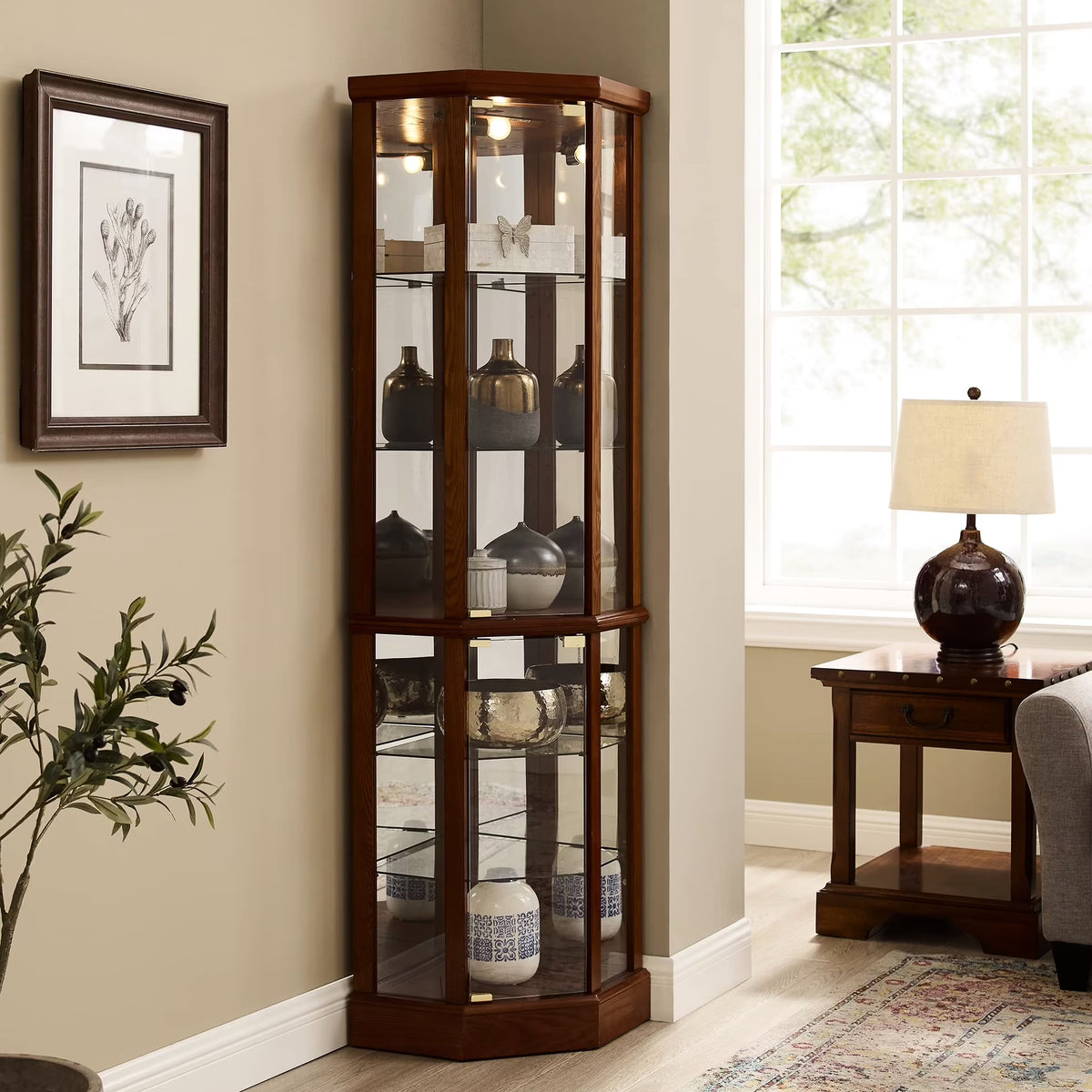 Walnut Cabinet With 6 Shelves, Adjustable Glass & Mirrored Back Design Shelf Lighted Corner Curio Shelves In