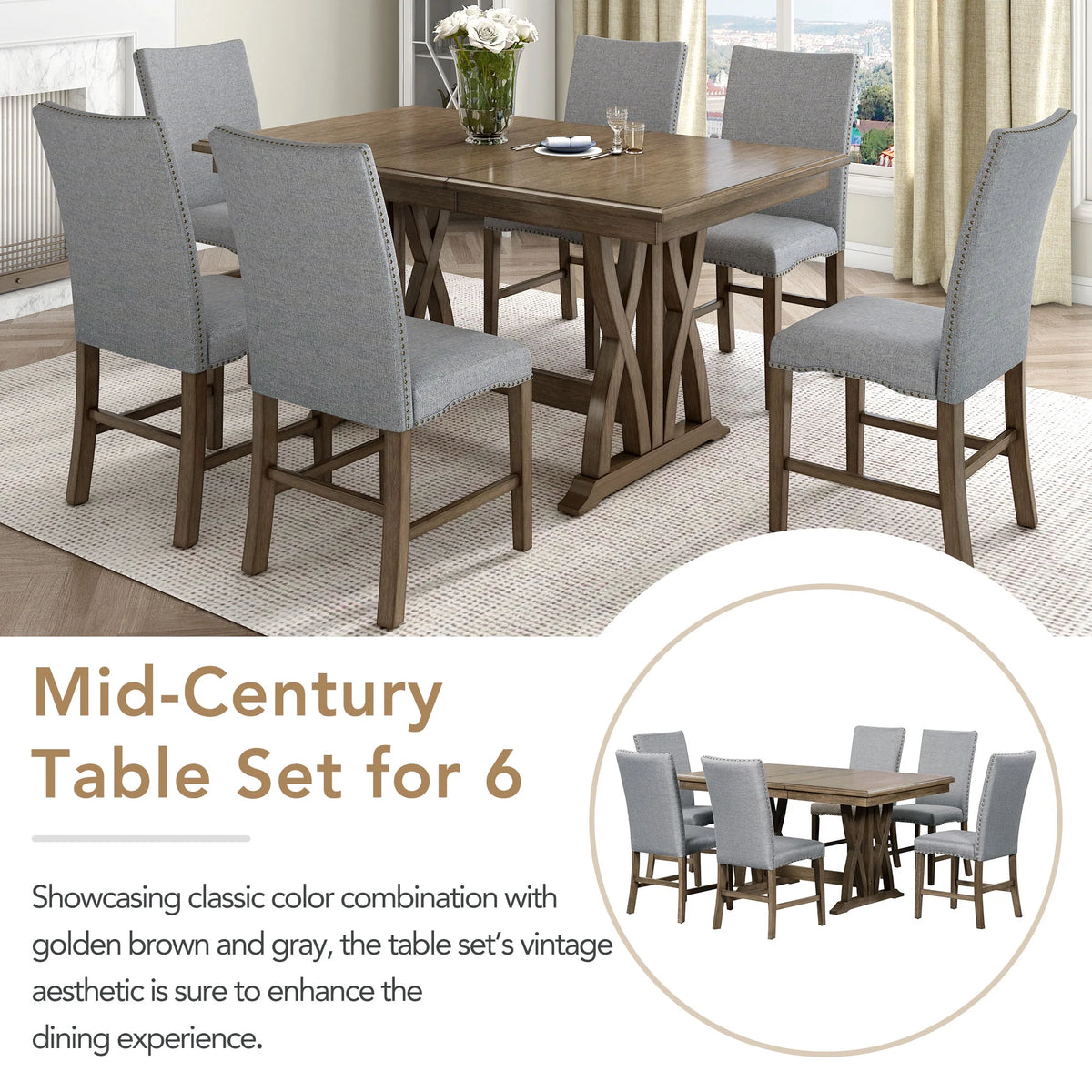 Harper & Bright Designs Farmhouse 7 Pieces Extendable Dining Table Set for 6, Solid Wood Kitchen Table with Butterfly Leaf and 6 Upholstered Chairs, Brown