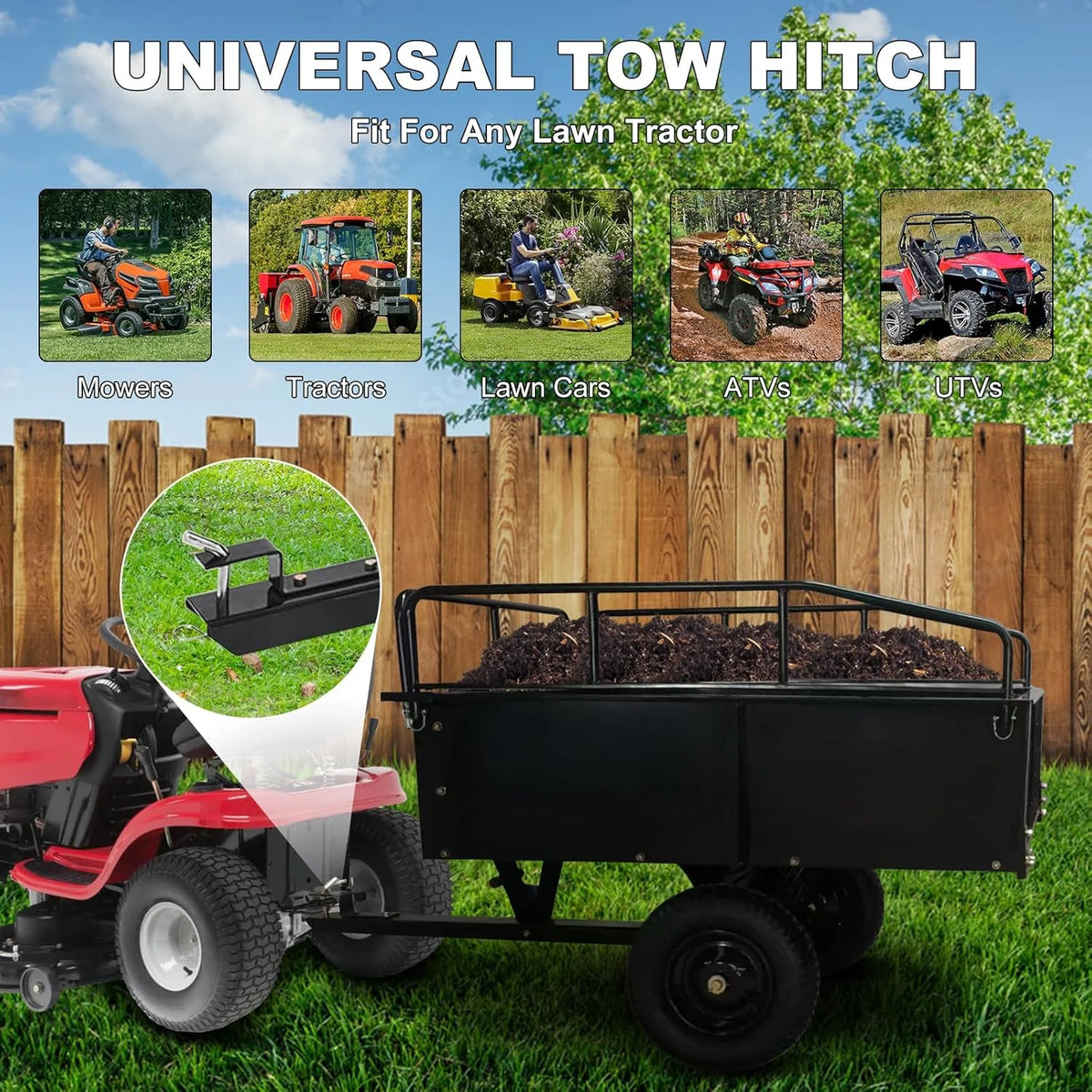 Heavy Duty Steel ATV Trailer,1600 Lbs Dump Cart, 15 Cubic Feet, Removable Sides, for Riding Lawn Mower Tractor