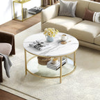DEXTRUS 2-Tier Round Coffee Table Marble Center Cocktail Table with Glass Open Storage Shelf, White & Gold