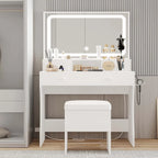 LIKIMIO Vanity Desk with LED  Mirror, Bedroom Makeup Table with 4 Drawers, Storage Stool, White