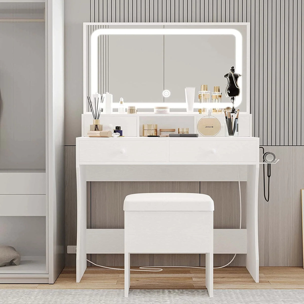 LIKIMIO Vanity Desk with LED  Mirror, Bedroom Makeup Table with 4 Drawers, Storage Stool, White