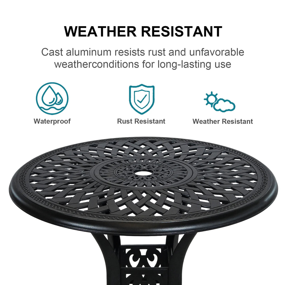 30.3 Inch Round Patio Table Cast Aluminum Patio Table,Metal Patio Dining Table with Umbrella Hole,All Weather Outdoor Bistro Dining Table for Backyard, Garden, Balcony, Black
