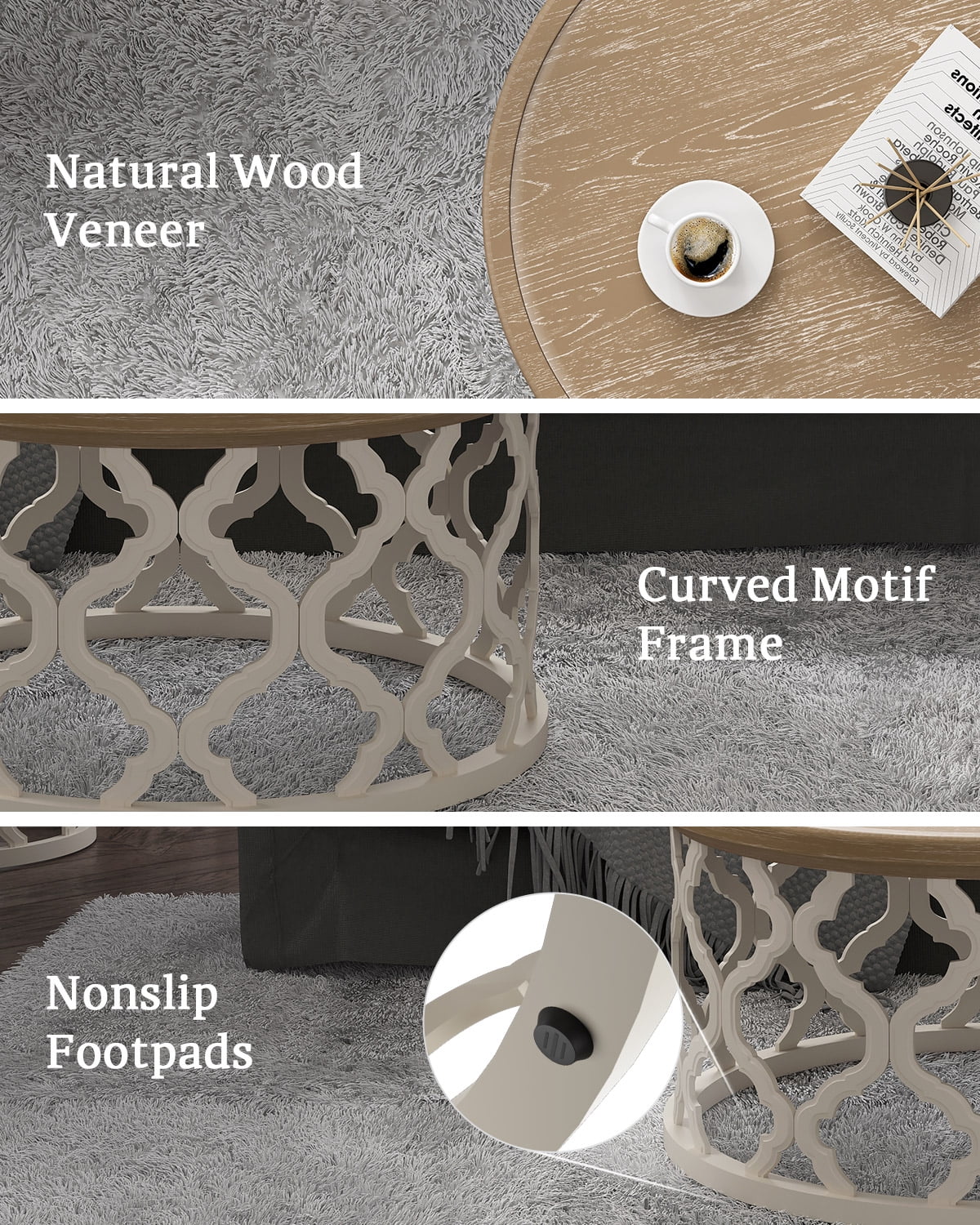 Bestco 30" Farmhouse Coffee Table, Round French Country Coffee Table, Distressed Wood Tray Top Vintage Coffee Table with Storage Shelf, Beige