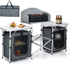Camping Kitchen Table with Storage, Aluminum Portable Outdoor Cooking Table with Windscreen, Foldable Camp Table Cook Station for BBQ, Grill, Party, Picnics