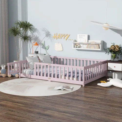 Bellemave Full Size Floor Bed with Door and Fence Floor Bed with Bed Slats Sturdy Wood Floor Bed Montessori Bed Frame (Full, Pink)
