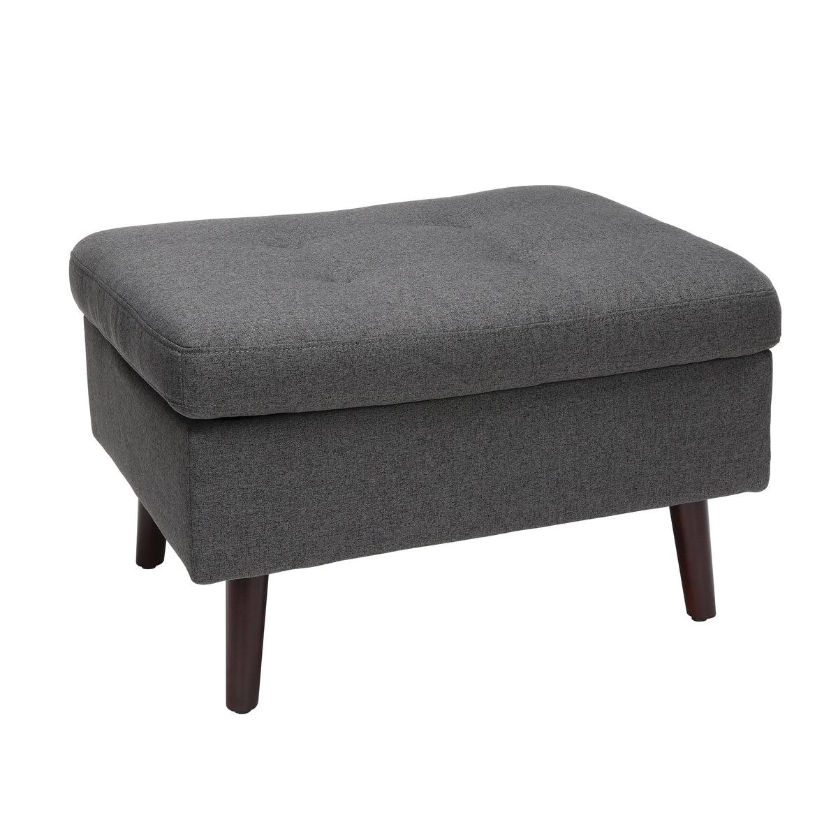 OFM Mid Century Modern Tufted Fabric Storage Ottoman, Walnut Legs, in Beige