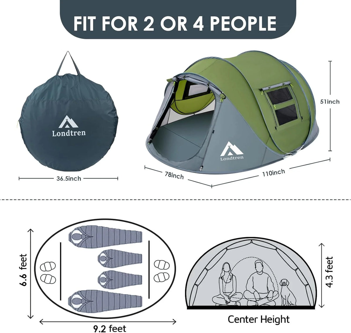 4 Person Easy Pop Up Tent Waterproof Automatic Setup 2 Doors-Instant Family Tents for Camping Hiking & Traveling