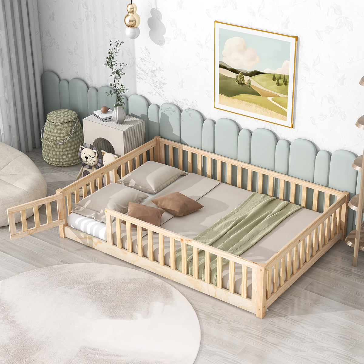 UHOMEPRO Twin Size Floor Bed with Door and Fence, Montessori Floor Bed with Slats and Safety Guardrails, Solid Wood Twin Bed Frame for Bedroom, White