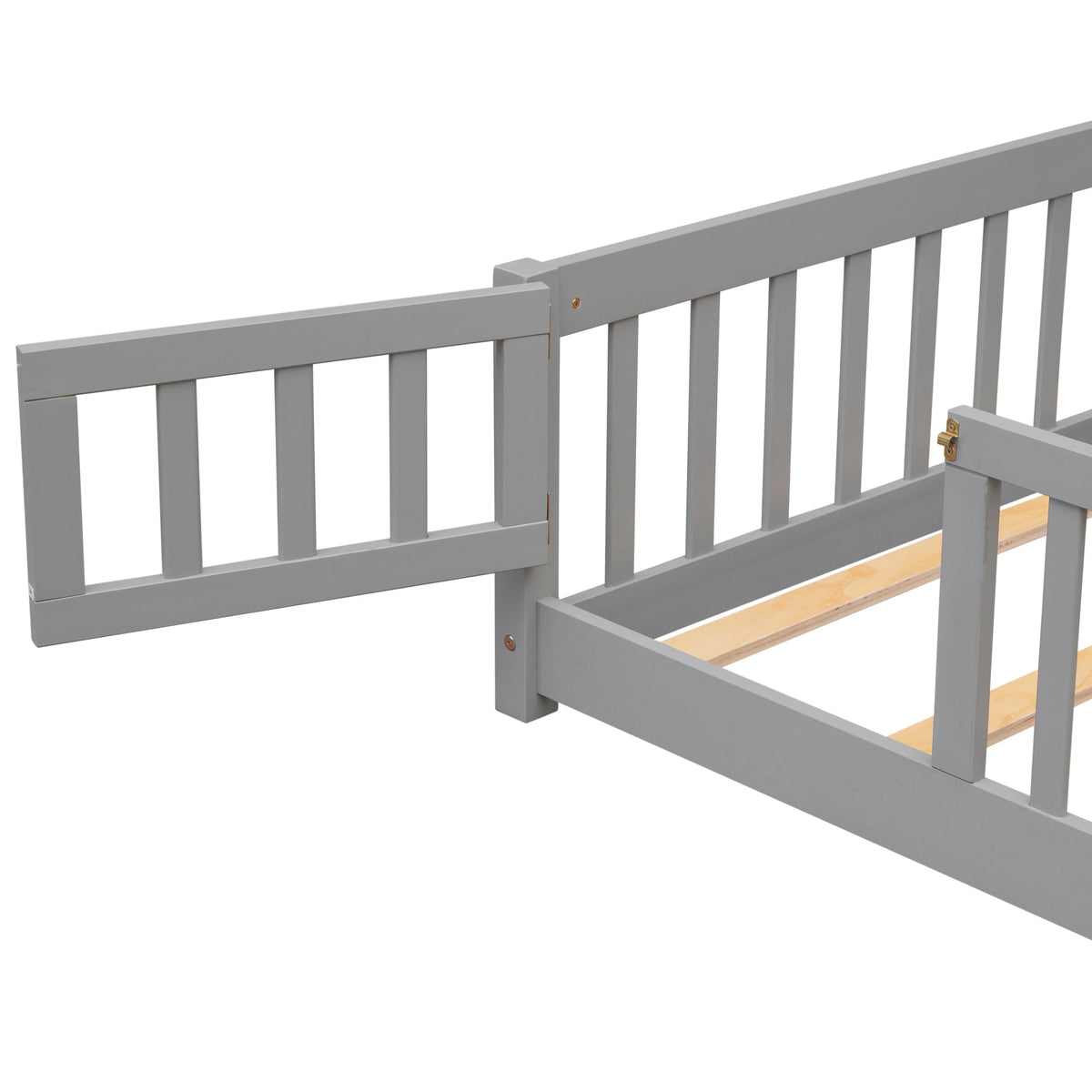 UHOMEPRO Twin Size Floor Bed with Door and Fence, Montessori Floor Bed with Slats and Safety Guardrails, Solid Wood Twin Bed Frame for Bedroom, White