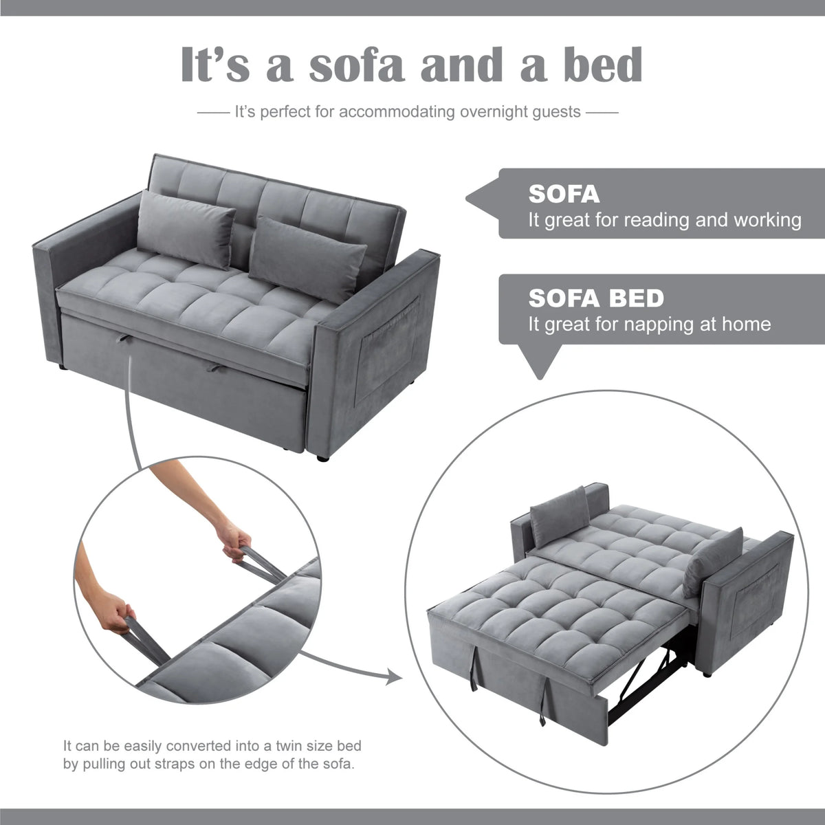 Gewnee 55'' Modern Convertible Velvet Sofa Bed with Pull-Out Twin Bed, Adjustable Backrest for Living Room, Office (Dark Gray)