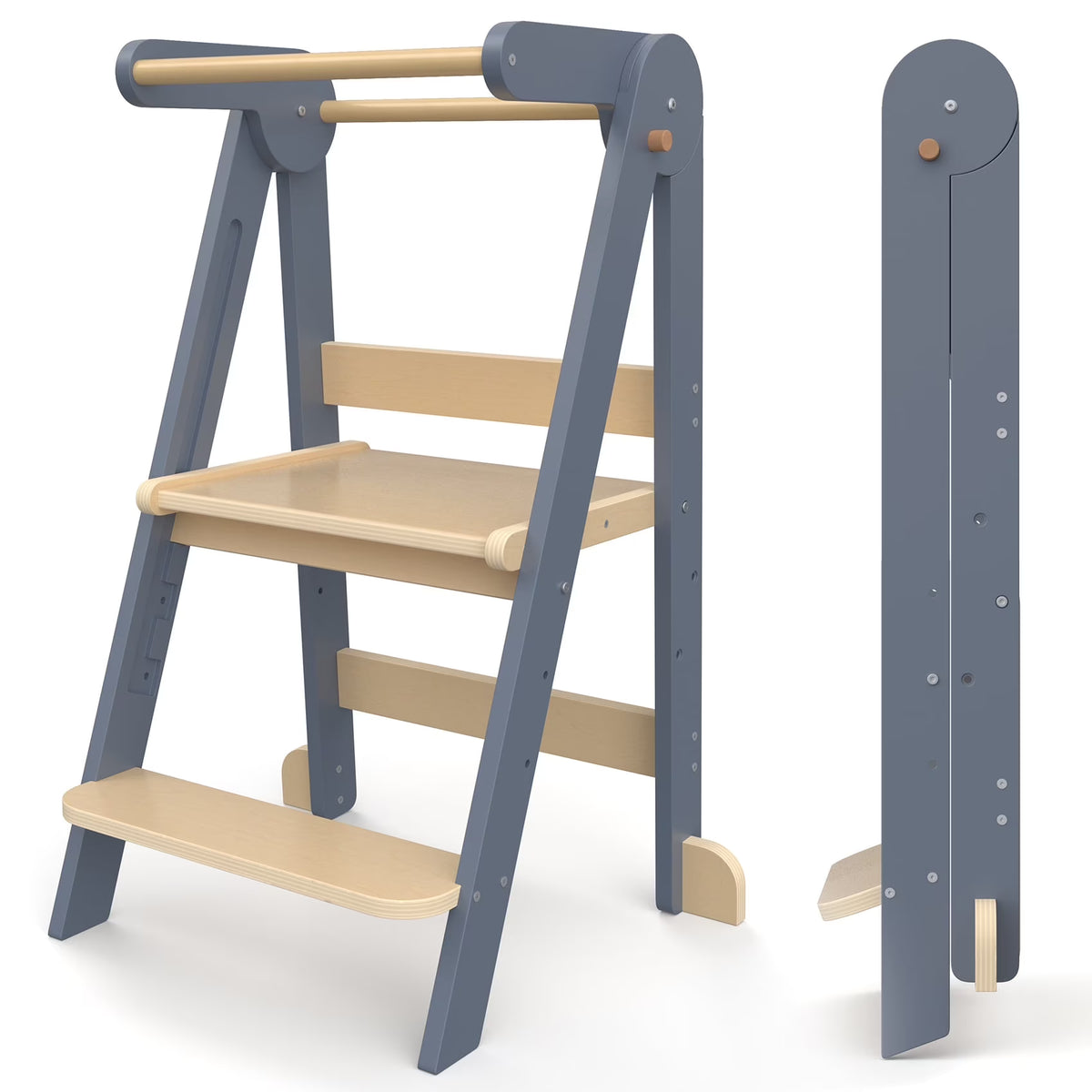 JOZ Kitchen Toddlers Step Stool, Montessori Kids Learning Stool, Foldable Toddler Tower for Counter, Standing Helper for Children, 3 Adjustable Heights, Wooden, White