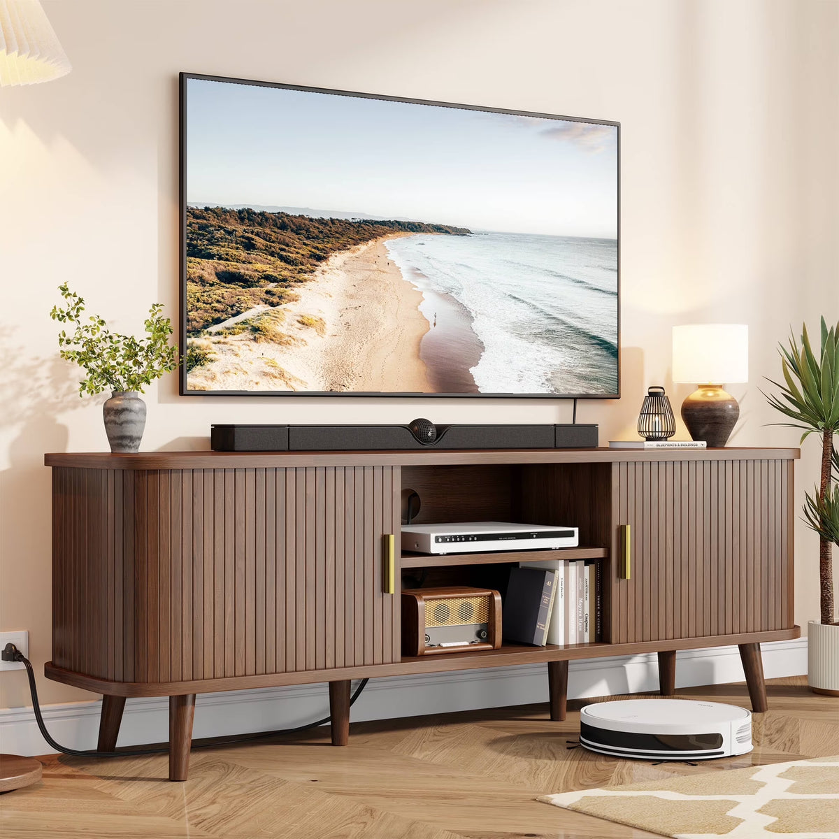 Laintene 59" TV Stand, Fluted TV Stand for TVs up to 65", Entertainment Center with Storage and Sliding Doors, Modern Media Console with Power Outlet for Living Room, Walnut