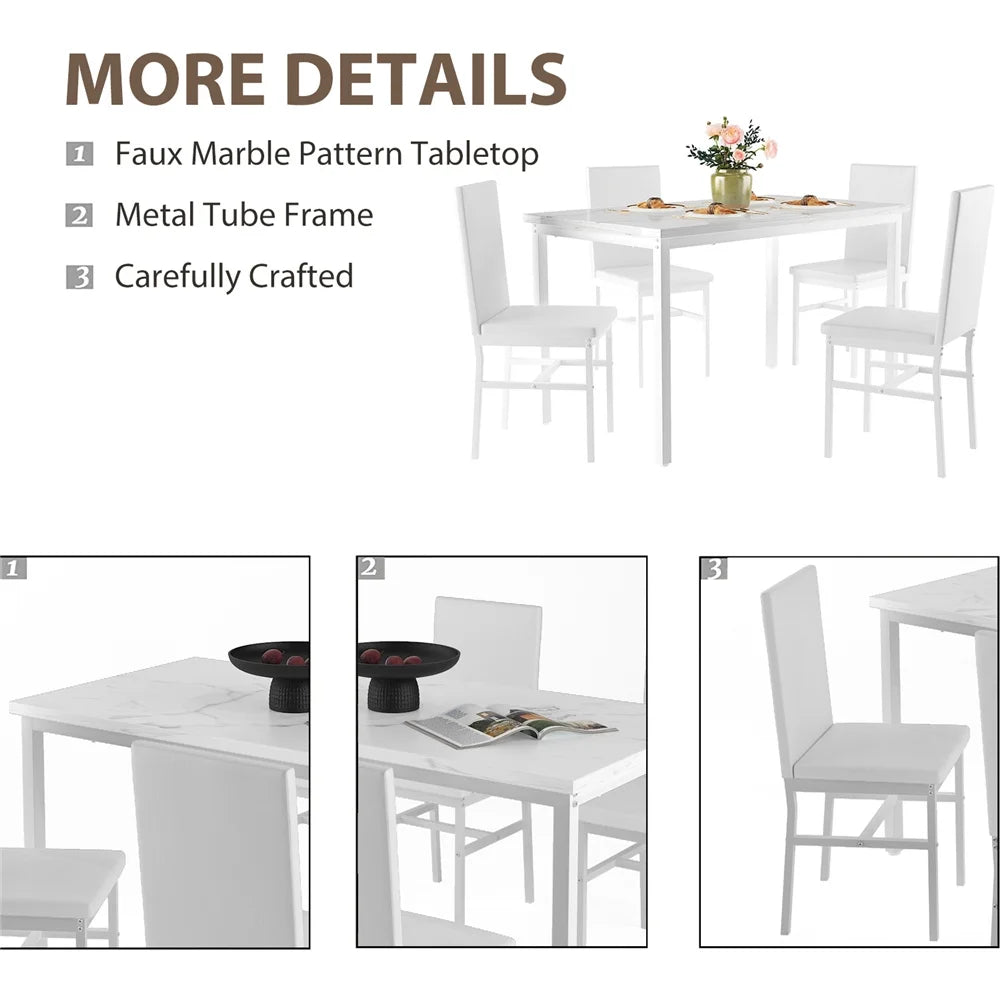 5 Piece Dining Room Table Set, Modern Dining Table Sets with Gray Velvet Upholstered Chairs for 4, Faux Marble Pattern Rectangle Kitchen Table Set for Bar Living Room Breakfast Nook Small Space
