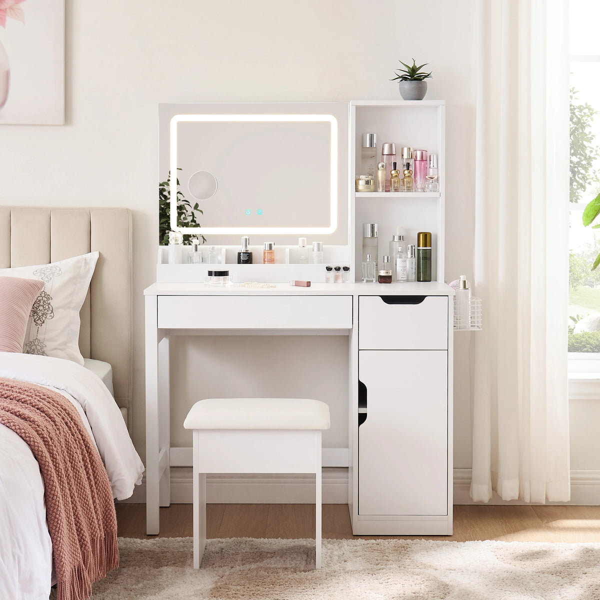 Mainstays Get Ready with Me GRWM Deluxe 2-Piece Vanity and Stool with Lighted Mirror and USB Power, White Finish