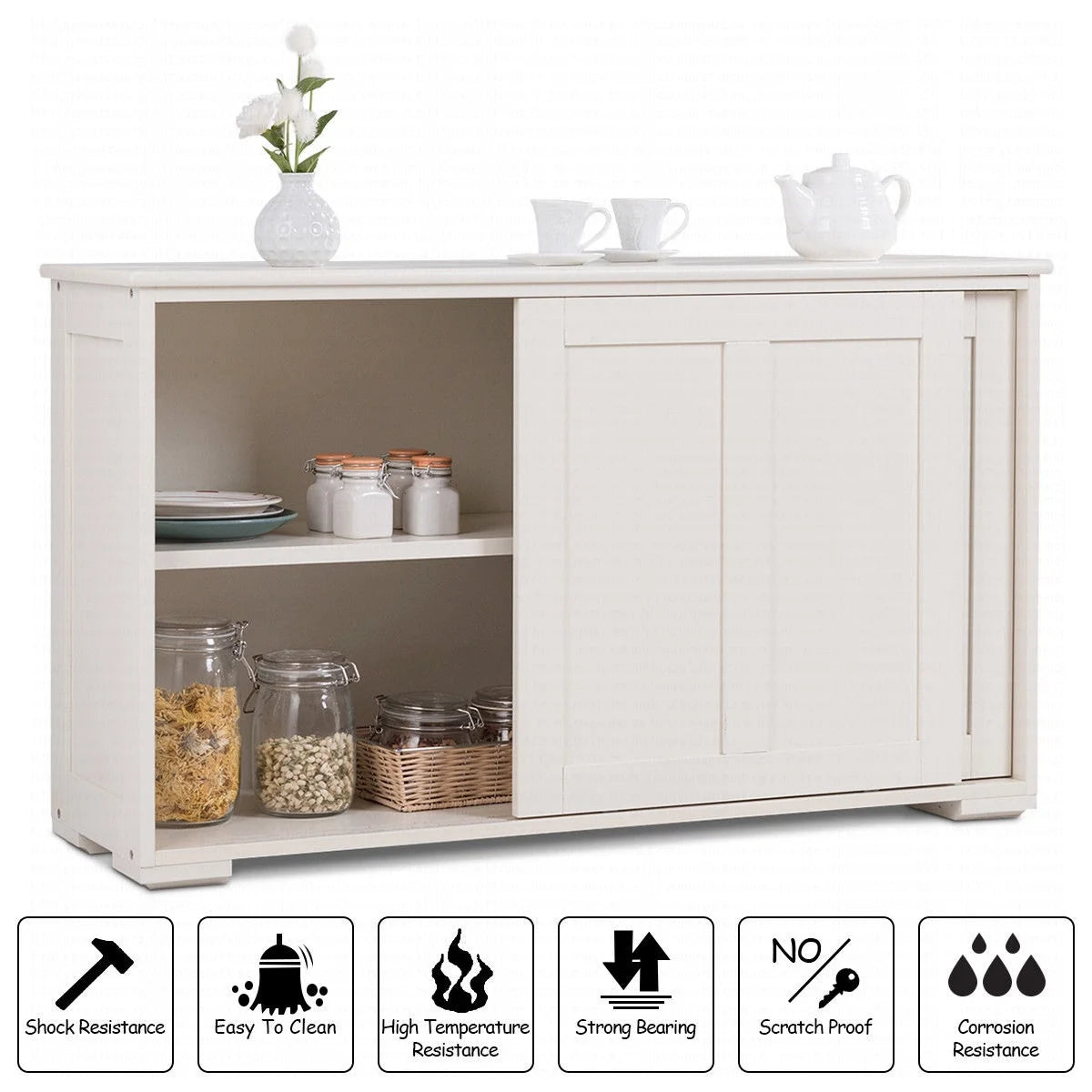 Costway Kitchen Storage Cabinet Sideboard Buffet Cupboard Wood Sliding Door Pantry White